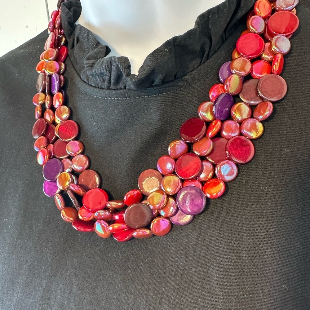 Multi-Color Iridescent Beaded Statement Necklace Red Purple Pink Burgundy - Picture 3 of 7
